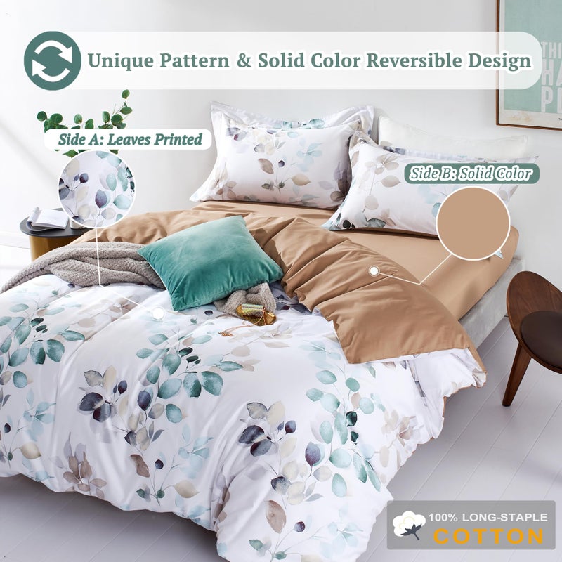 MILDLY Duvet Cover Set 100% Long-Staple Cotton Green Leaves Pattern Printed Comforter Cover 3pcs, Soft & Breathable Lightweigt Bedding Set - Image 3